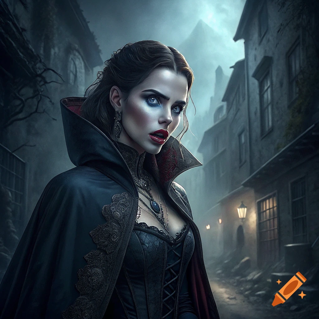 A woman dressed as a vampire with blue eyes stands in a dark, misty gothic street.