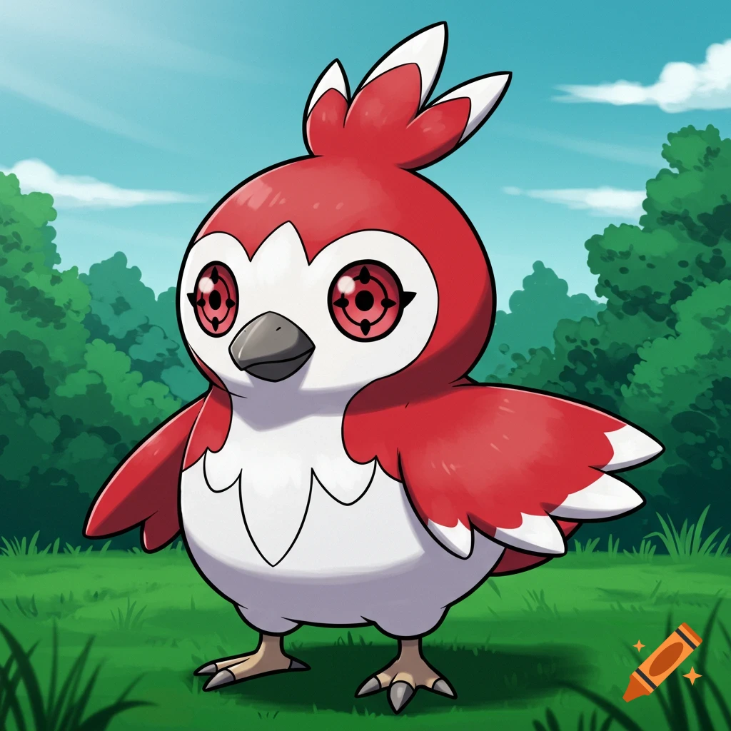 Cartoon red and white bird character with Sharingan eyes standing in a field.