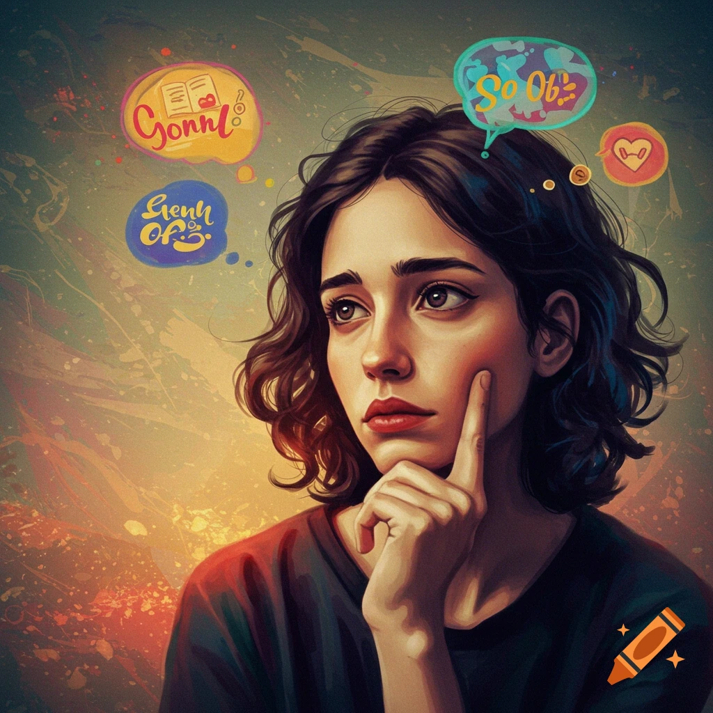 A person thinking with thought bubbles.