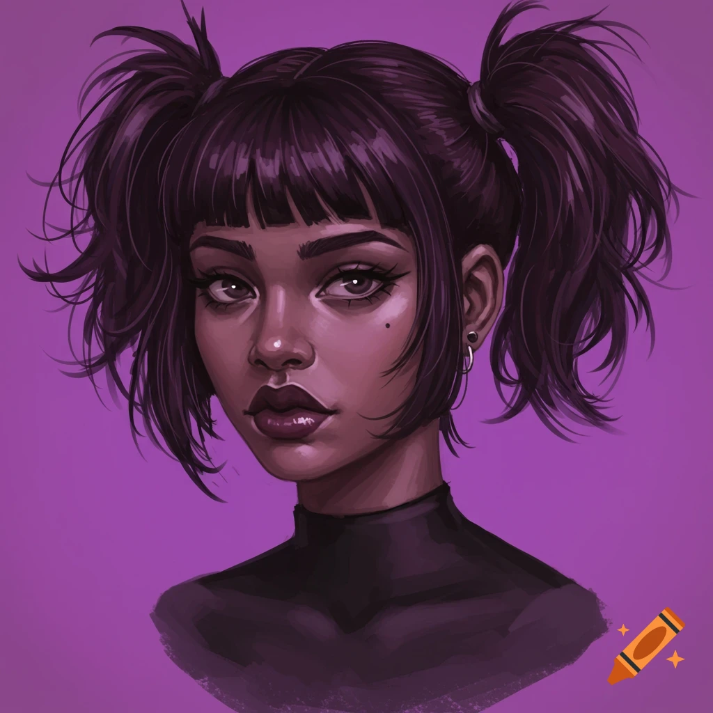 Portrait of a woman with pigtails and bangs.