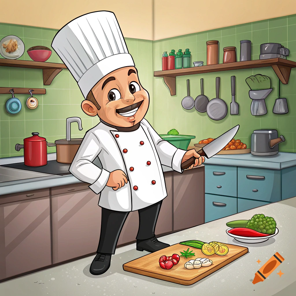 Cartoon illustration of a chef holding a knife in a kitchen.