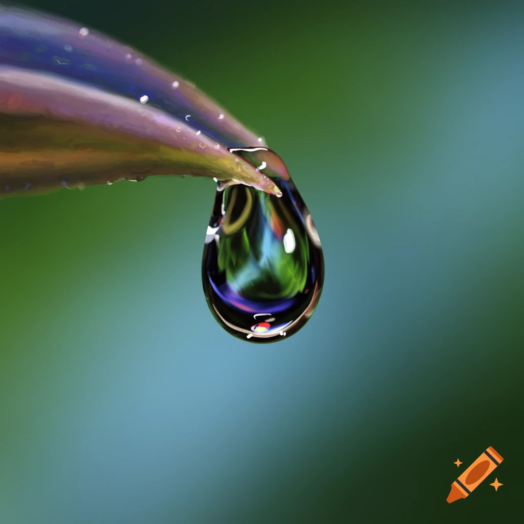 A macro image of a single water drop hanging from a leaf.