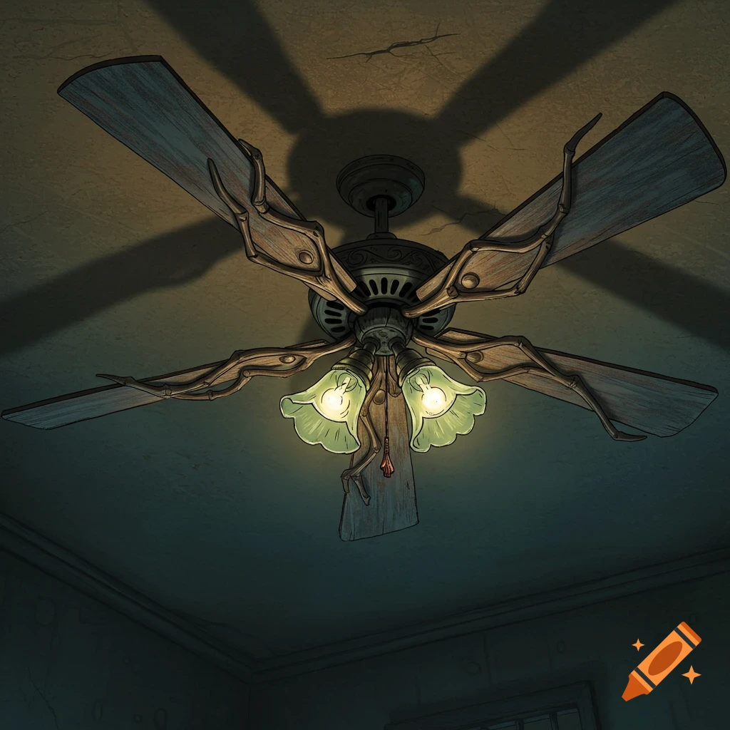 A creepy ceiling fan with branch-like blades hanging from a dark ceiling, in the style of Tim Burton.
