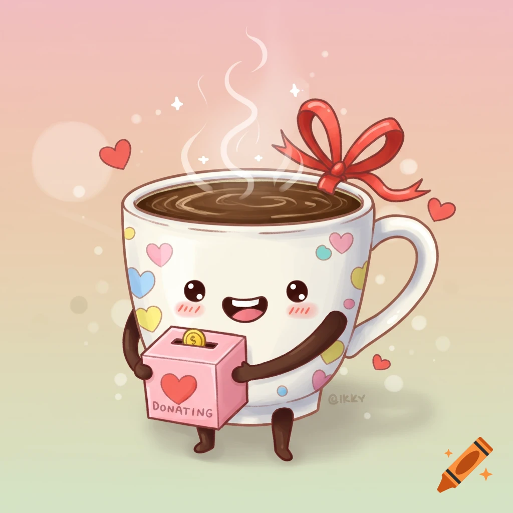 Cute cartoon coffee cup with a red ribbon holding a pink donation box