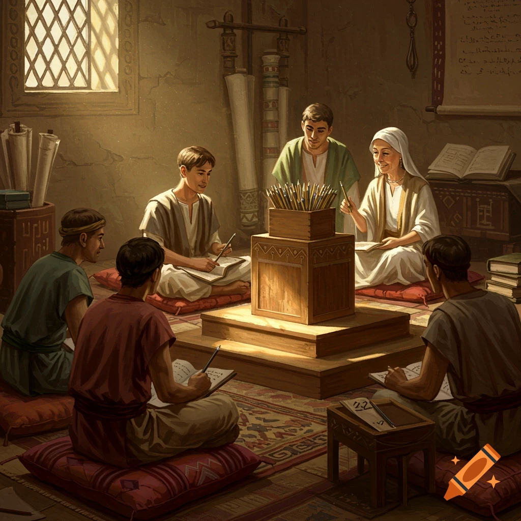People sitting on the floor on pillows studying, with a box of pencils on a pedestal