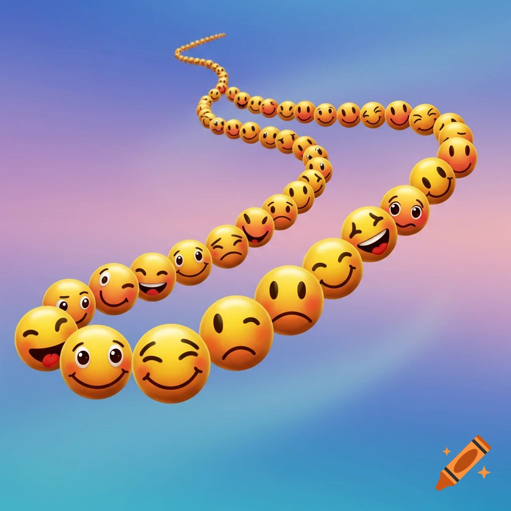 Yellow smileys with various expressions floating in a winding line against a blue and purple sky.