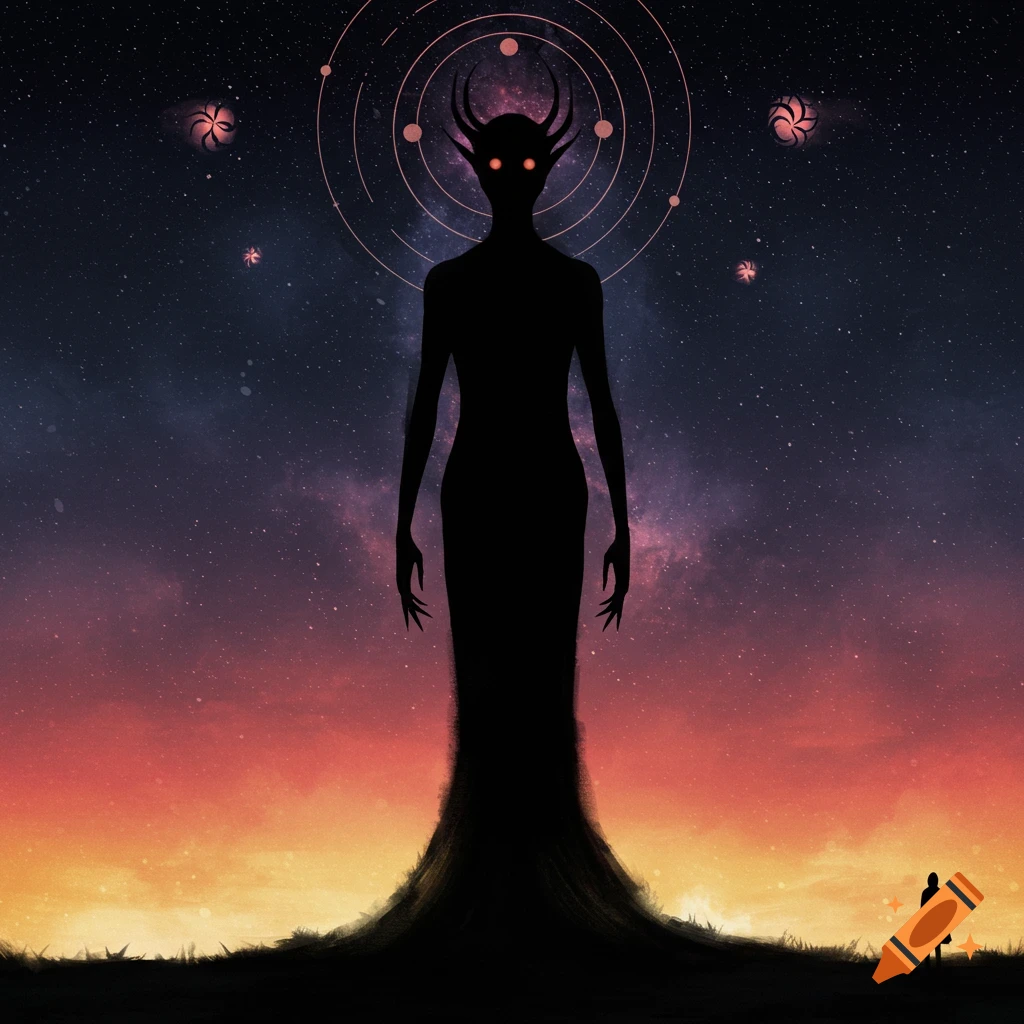 A towering dark silhouette with glowing red eyes and horns stands under a starry sky with floating rings and planets. A small figure is on the horizon.