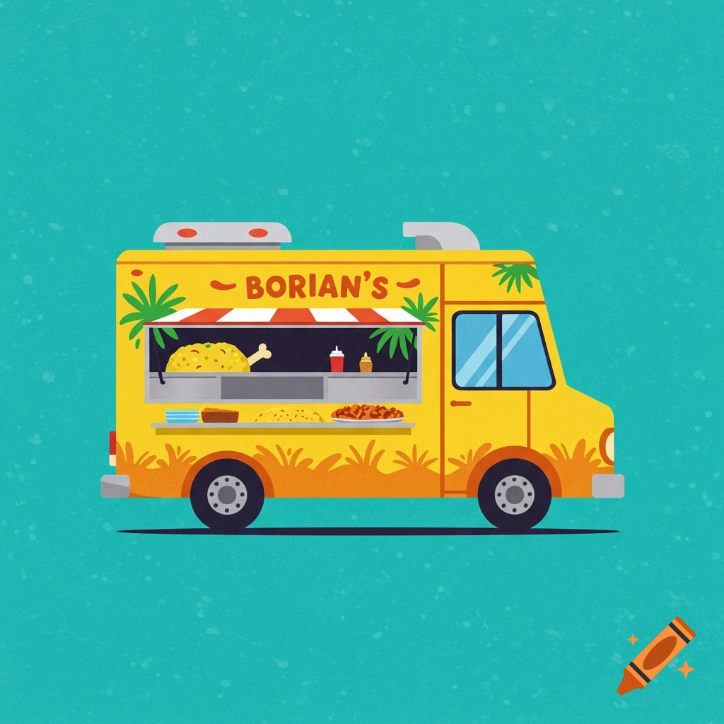 Stylized illustration of a yellow food truck with "BORIAN'S" text, serving food