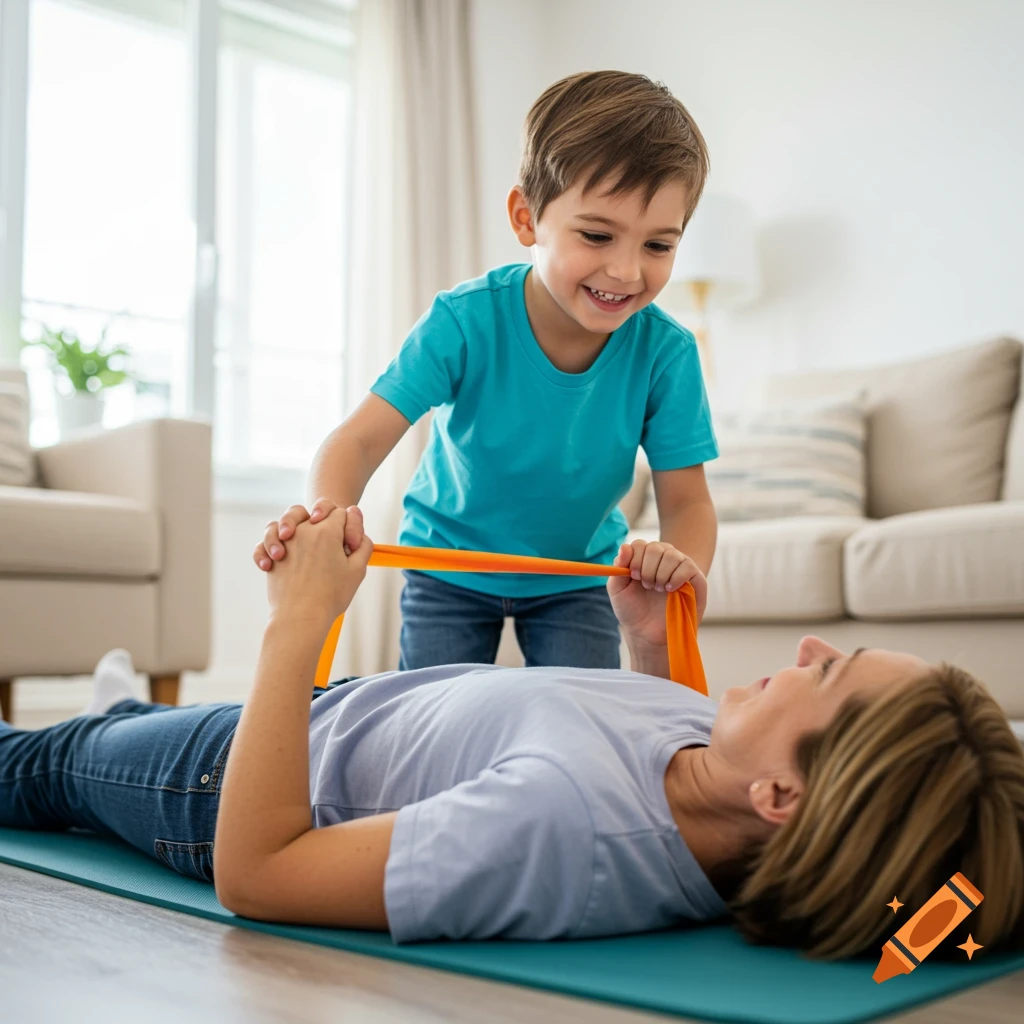 A smiling child helps an adult with a physical therapy exercise using a resistance band.