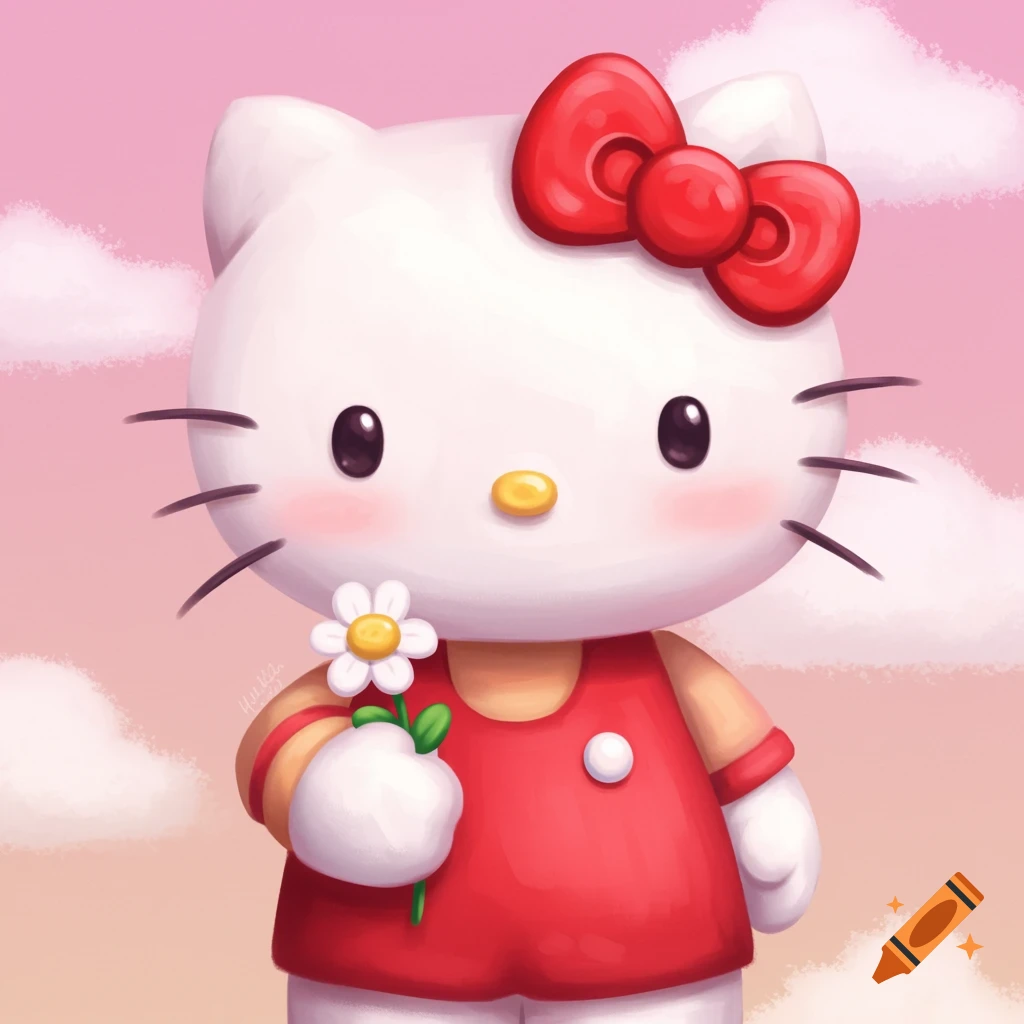 Hello Kitty holding a flower in a pastel pink sky with clouds.