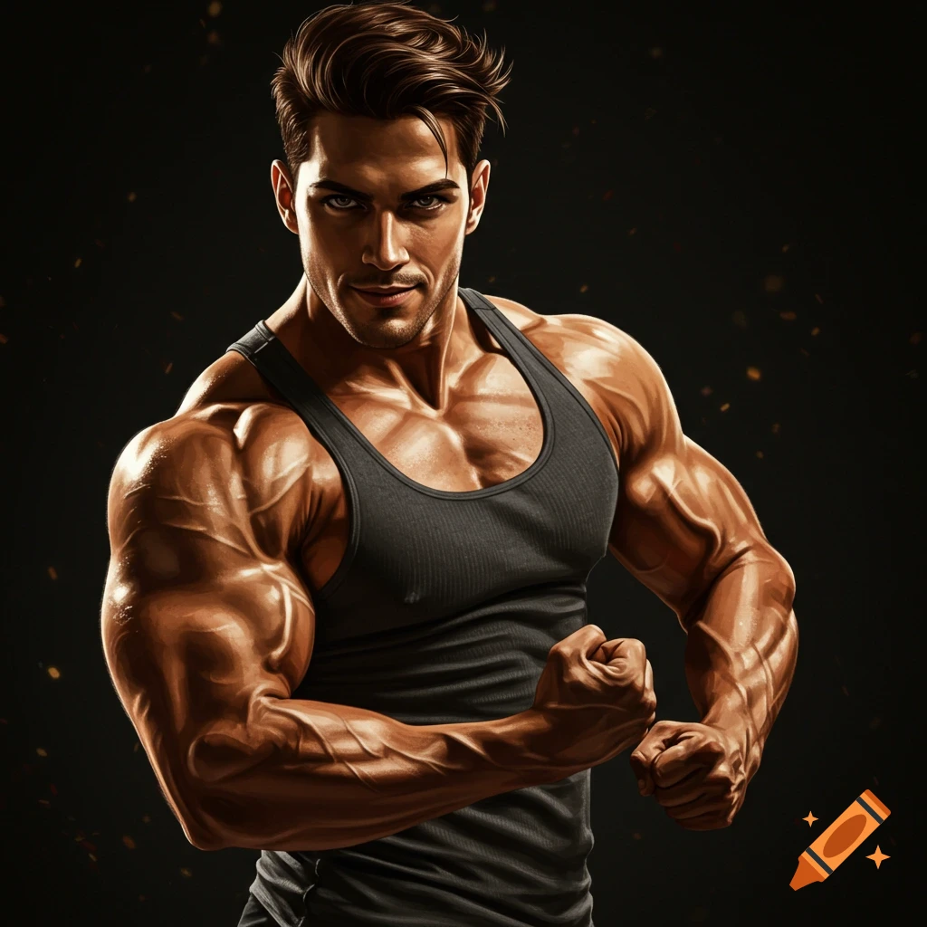 A muscular man in a tank top flexing his biceps against a dark background.