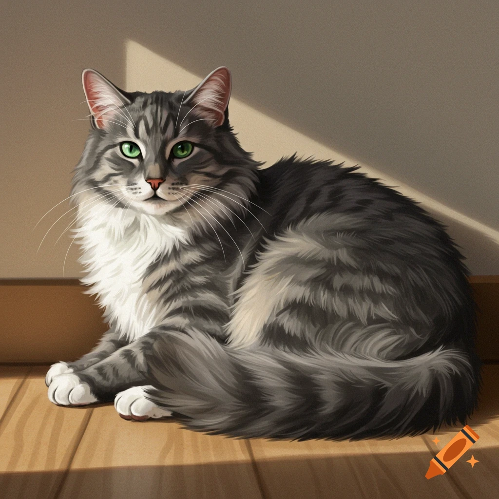 A grey tabby cat with white paws is sitting on a wooden floor in sunlight.