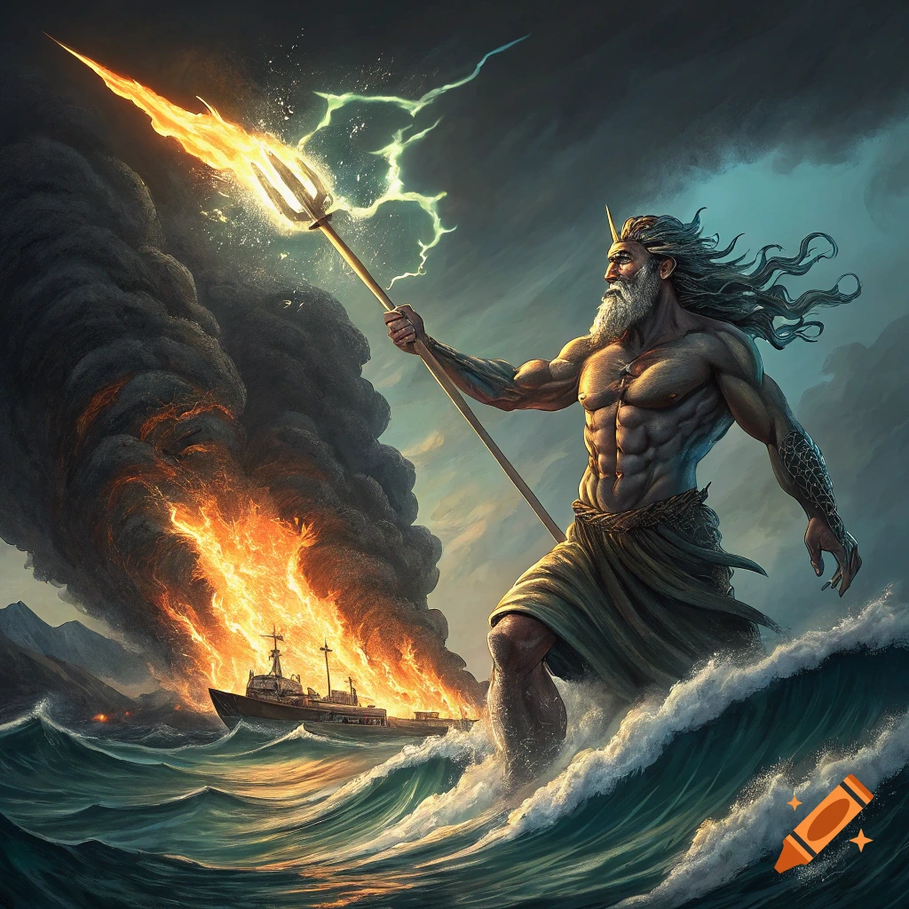 Fantasy art of Poseidon holding a flaming trident in rough seas near a burning ship with lightning