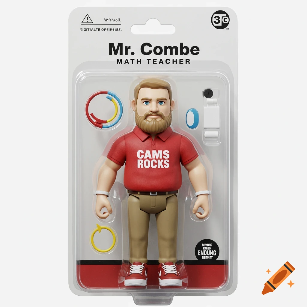 Action figure of Mr. Combe, a math teacher, in plastic packaging with a red polo shirt that says 'CAMS ROCKS'