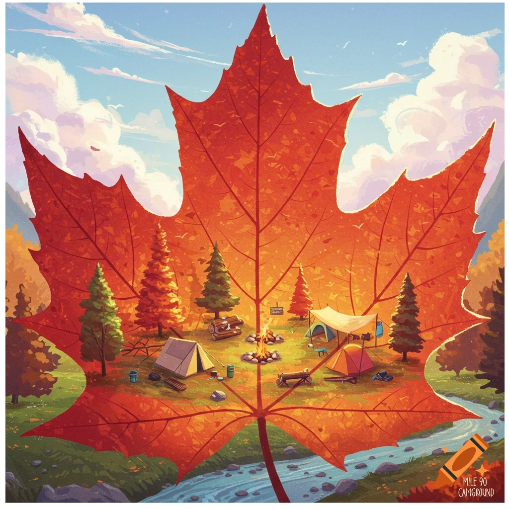 A camping scene depicted within a large red maple leaf, with a river flowing below.