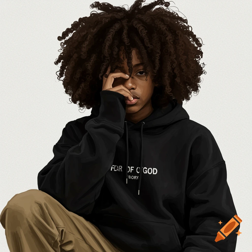 A young person with curly hair wearing a black hoodie and tan pants, covering their face.