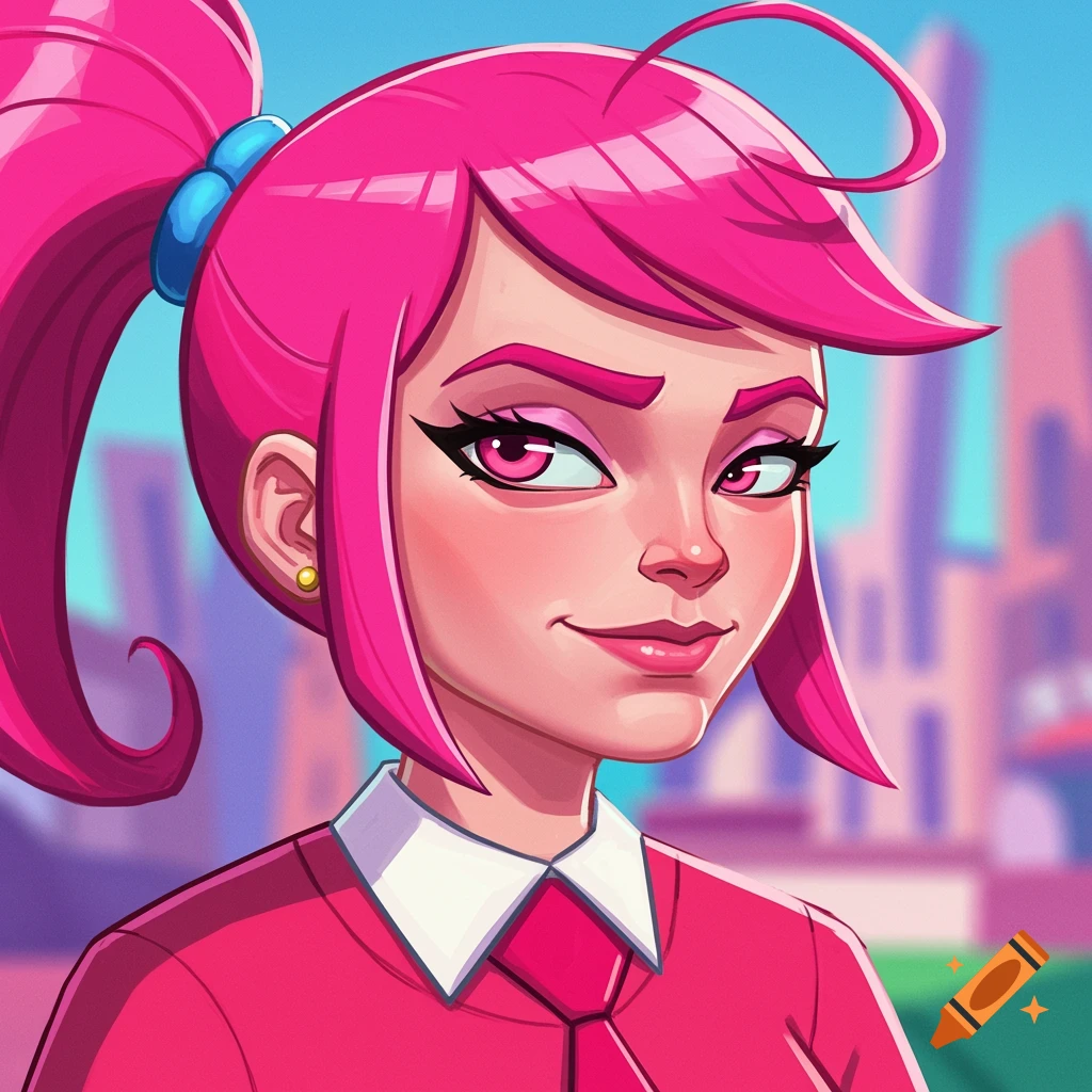 Cartoon portrait of a pink-haired character with a smirk, wearing a pink shirt and tie, against a stylized city background.