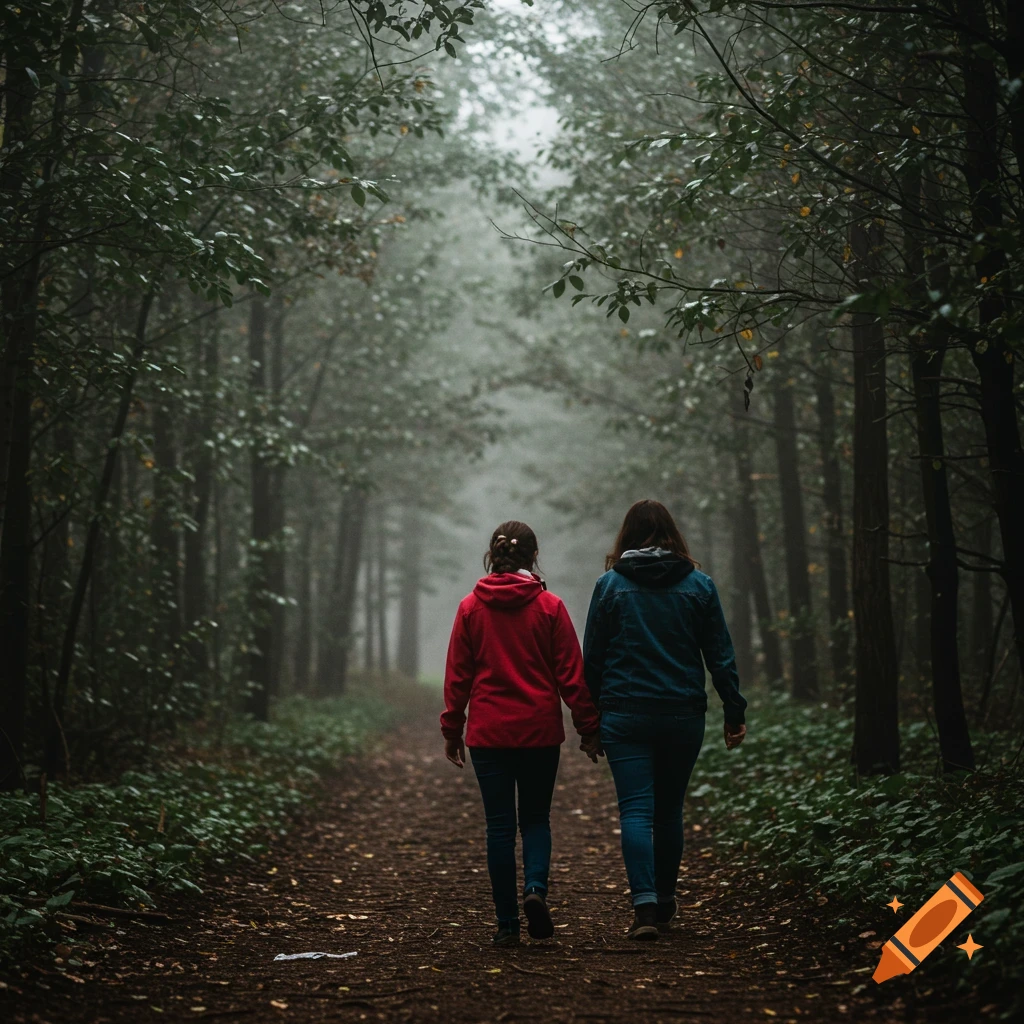 Two people walk away down a path through a misty forest.