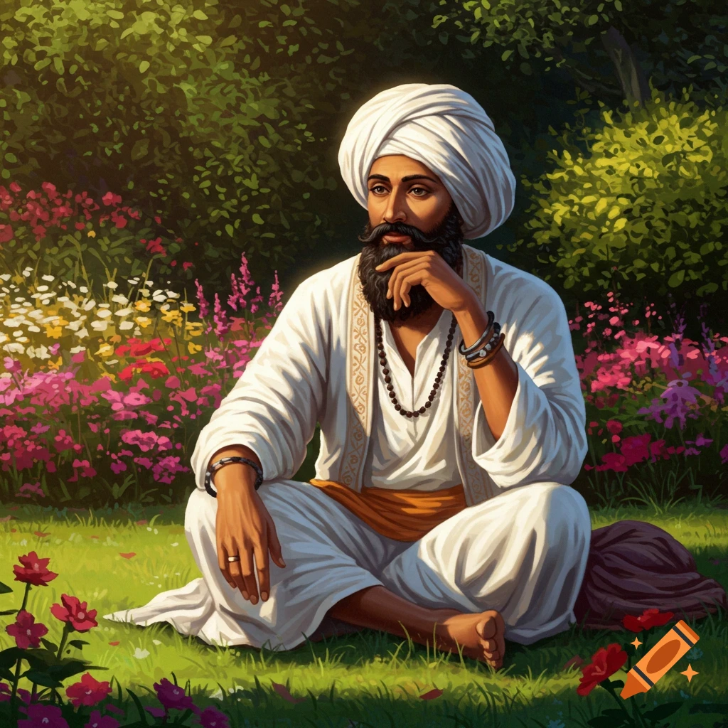A man with a white turban and beard is sitting in a lush garden.