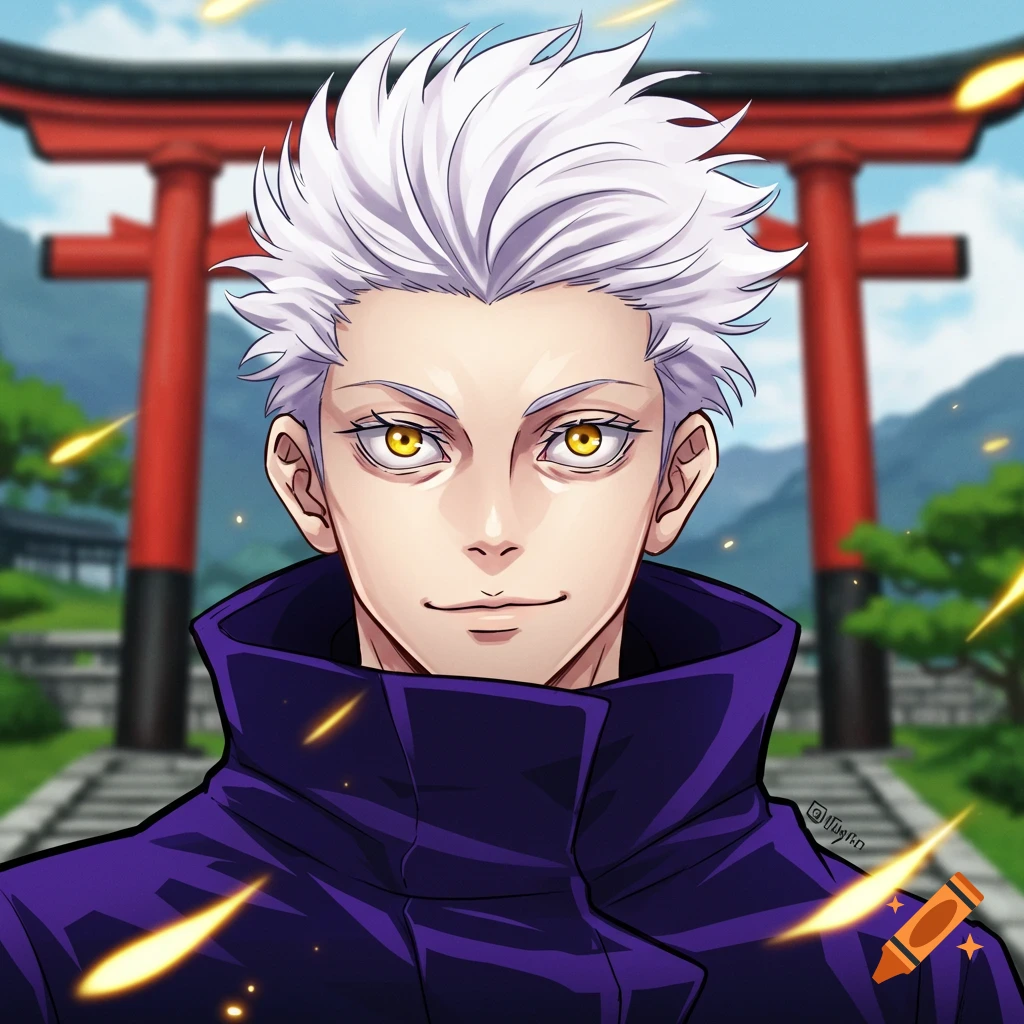 Anime portrait of a character with white spiky hair, golden eyes, and a purple jacket in front of a red shrine gate.