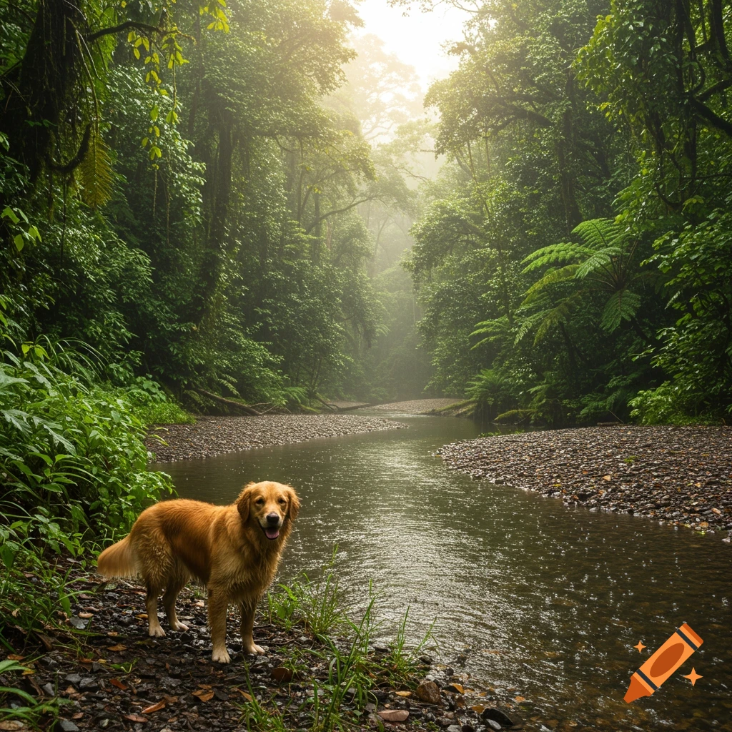 A golden retriever stands by a river in a foggy rainforest.
