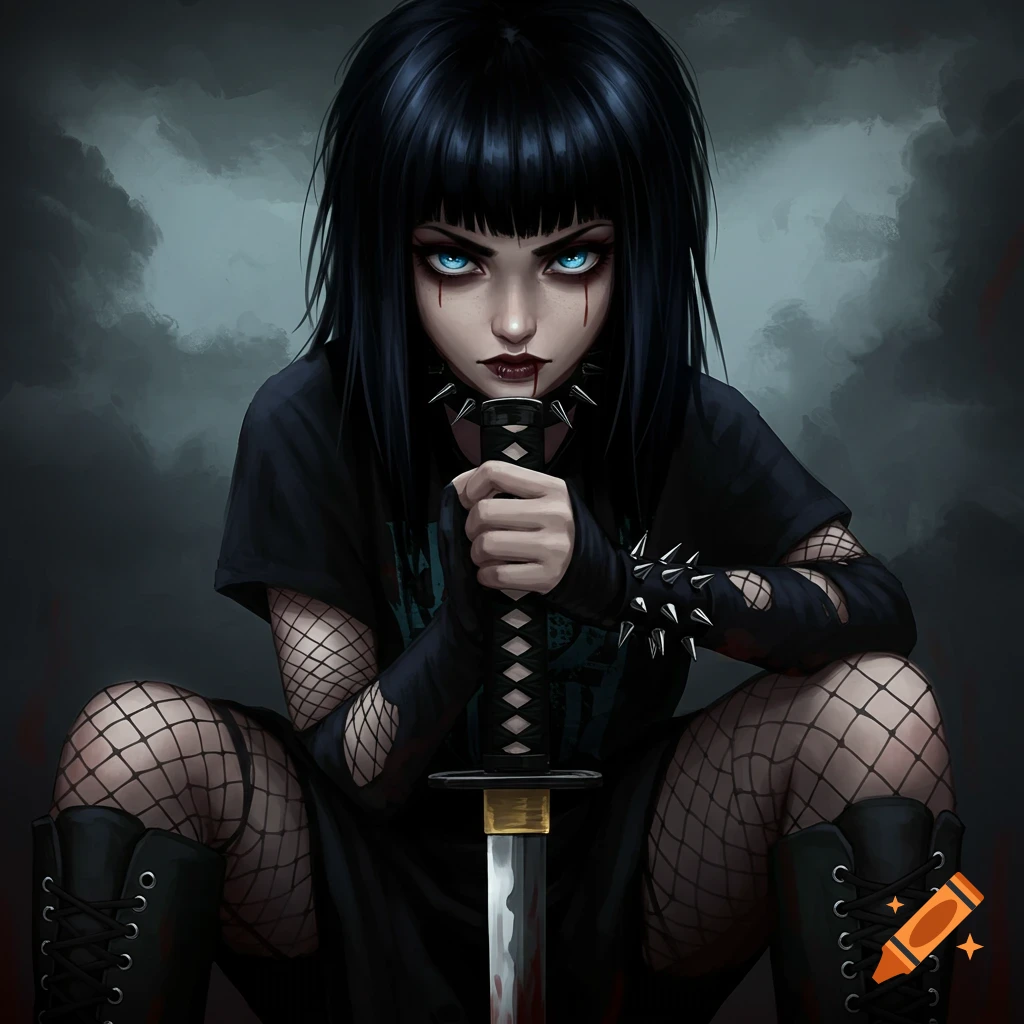 A gothic woman with dark hair, blue eyes, and dark makeup, holding a bloodied sword.