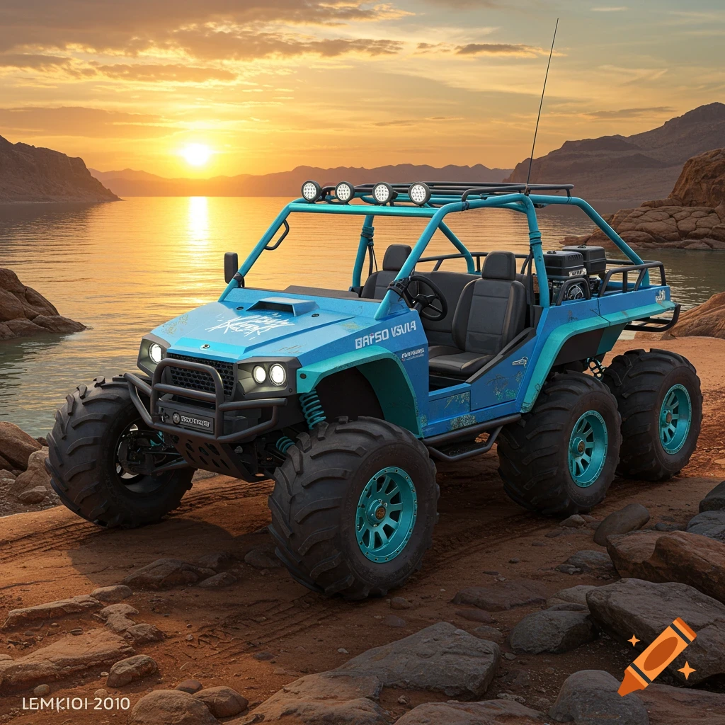 A blue six-wheeled off-road vehicle sits on a rocky shore during a sunset, digital art.