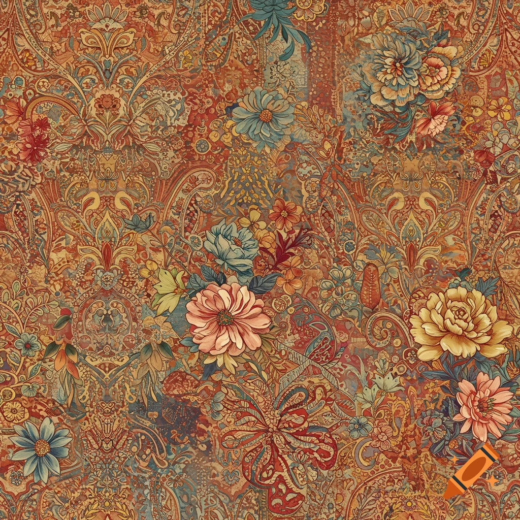 Detailed vintage floral and paisley pattern.