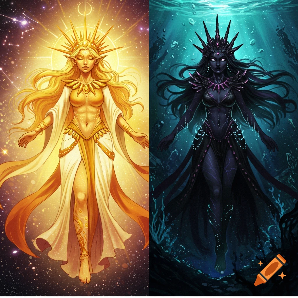 A split image depicting a golden sun goddess in a starry sky and a dark abyss queen underwater.