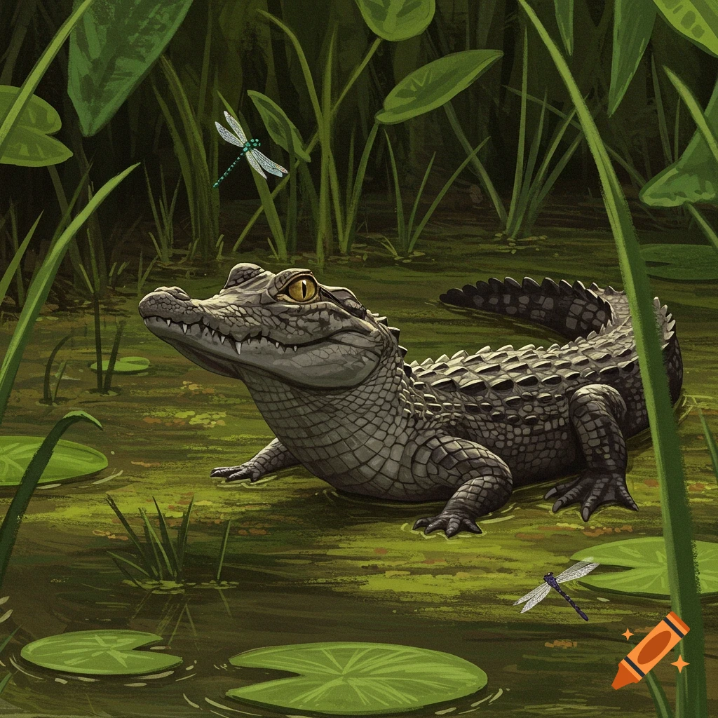A small alligator in a swamp with lily pads and dragonflies.