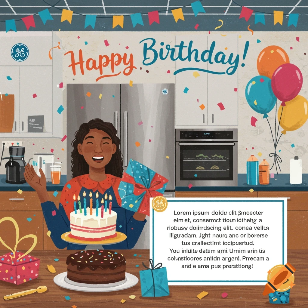 A woman celebrates her birthday in a kitchen filled with cake, balloons, and confetti.