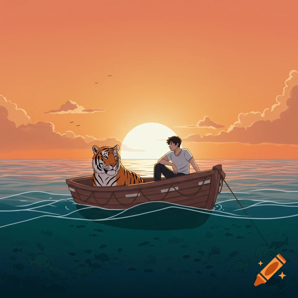 Illustration of a man and a tiger in a lifeboat on the ocean at sunset.
