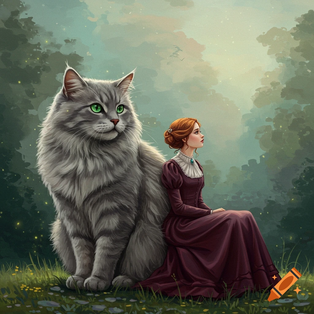 A giant gray cat sits next to a woman in a long purple dress in a forest clearing.