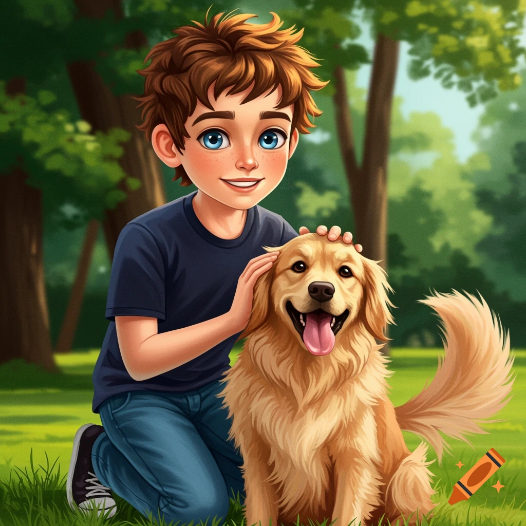 Boy petting a golden retriever in a park, vibrant.
