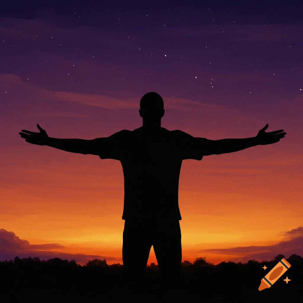 A silhouette of a person with arms outstretched against a starry sunset sky.