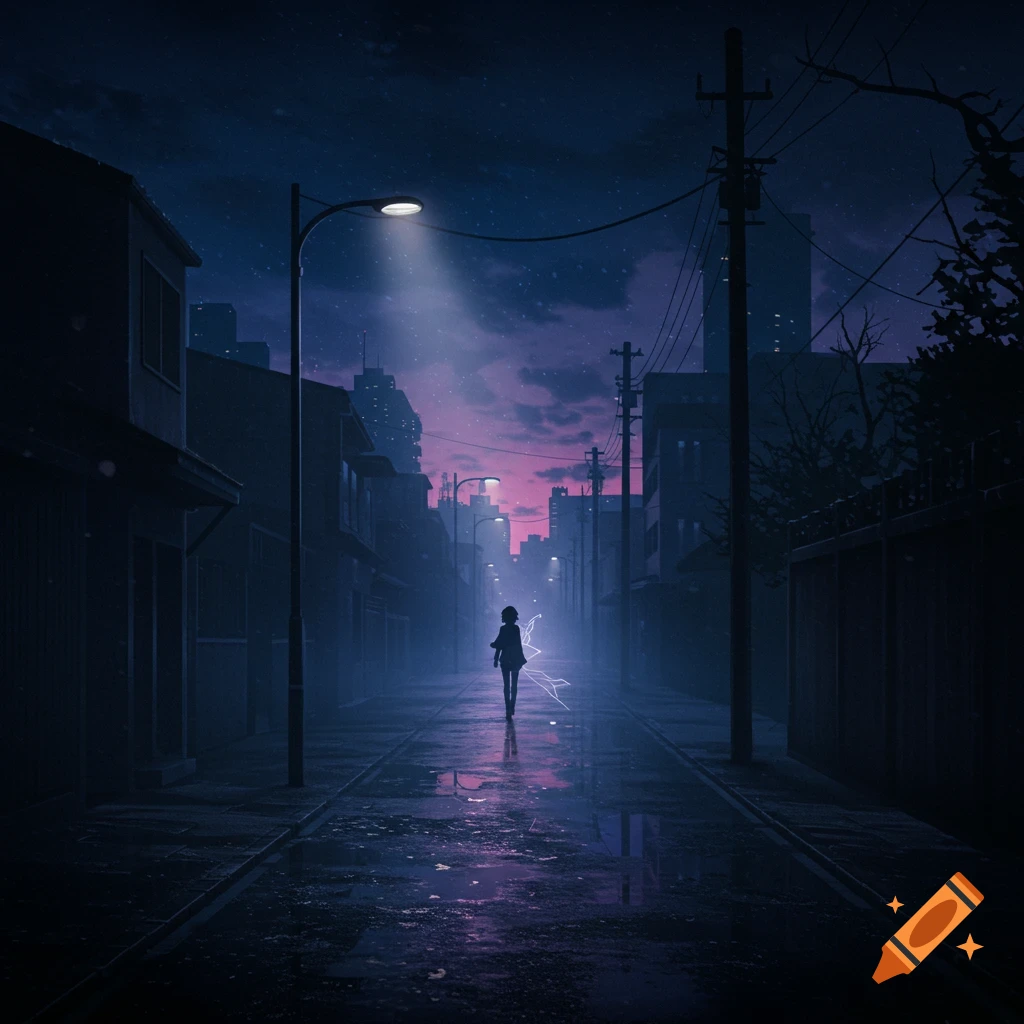 Anime style street scene at night with a lone figure walking in the rain under a street lamp.