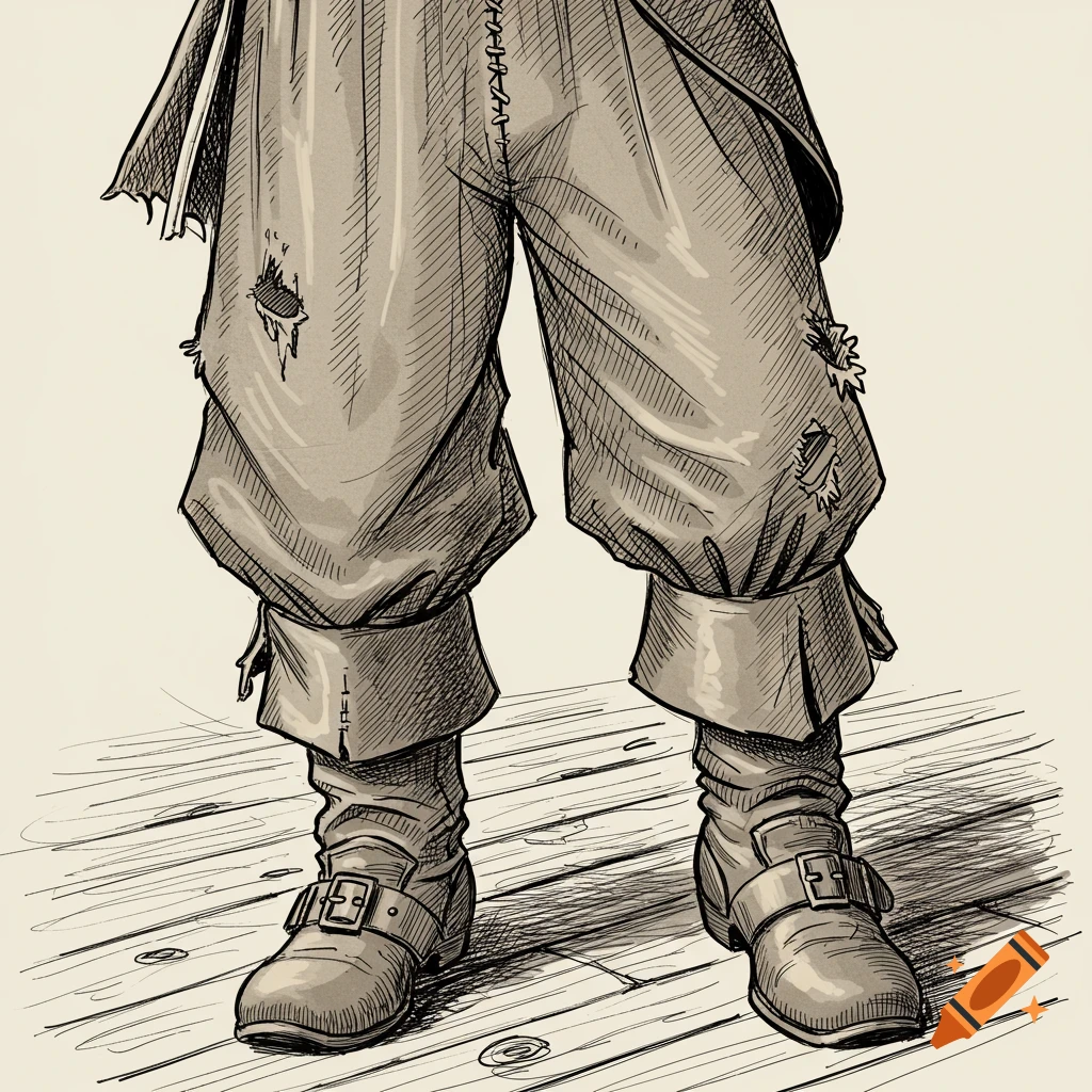 Sketch of a pirate's legs in ripped pants and boots standing on a wooden floor.