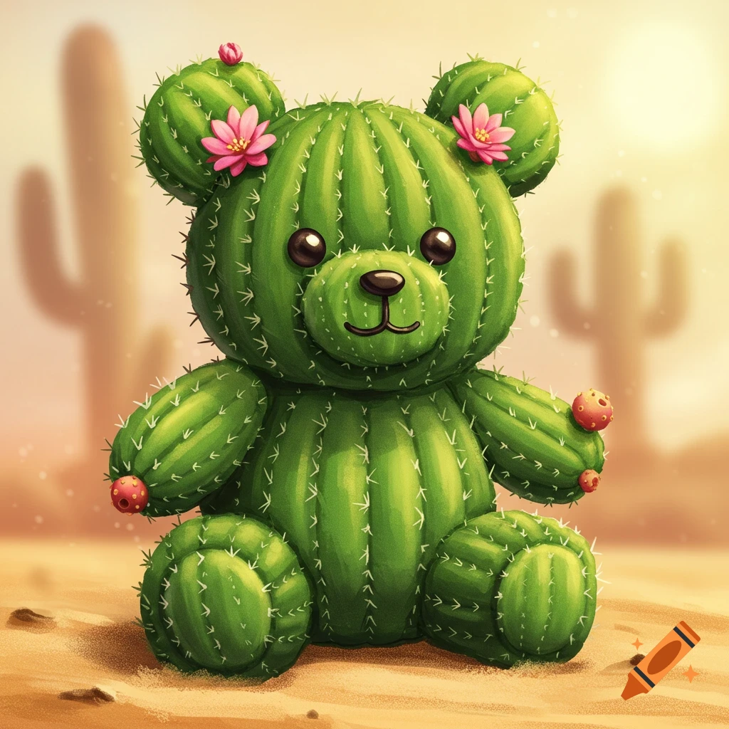 A cute green teddy bear made of cactus, sitting in a sandy desert.