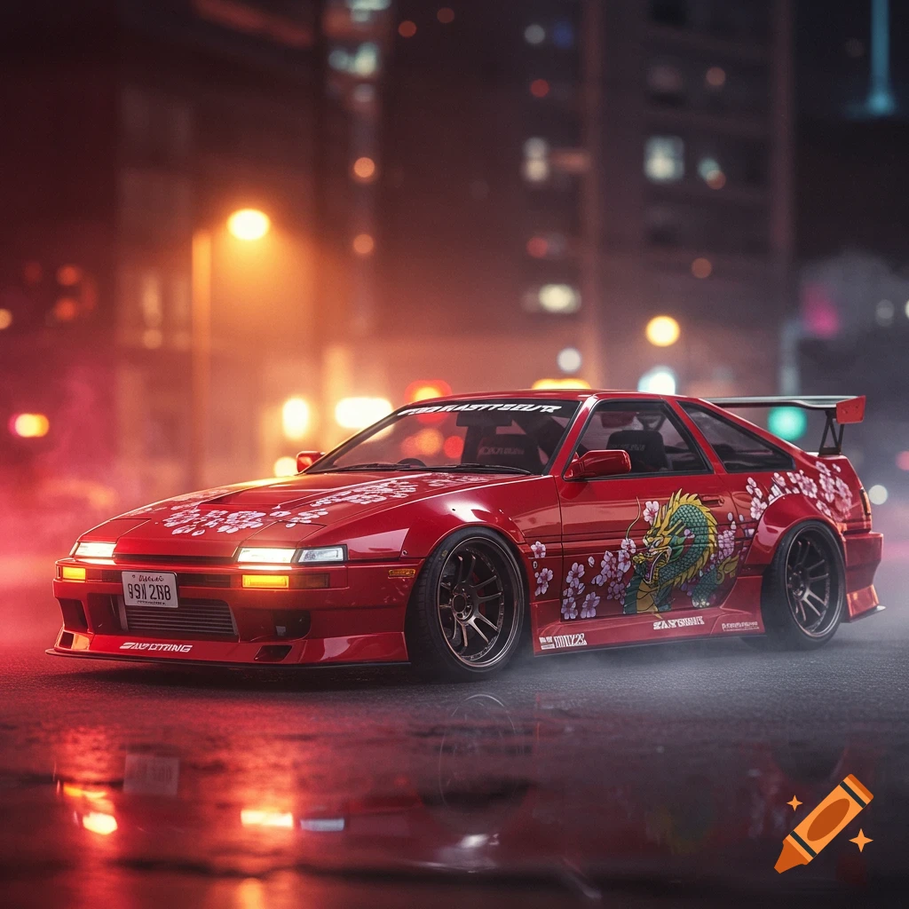 Red sports car with dragon and cherry blossom decals and custom body kit in a city at night, digital art