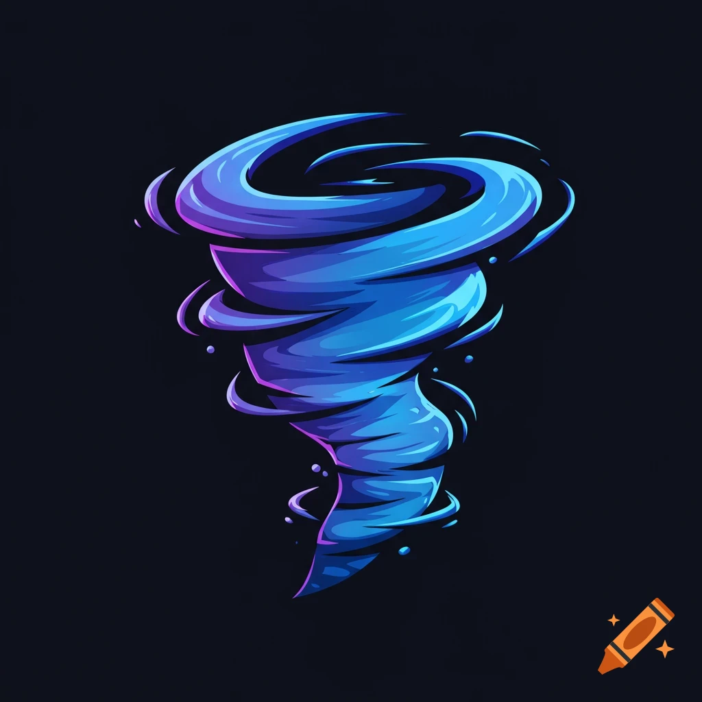 A stylized blue and purple tornado illustration on a dark background