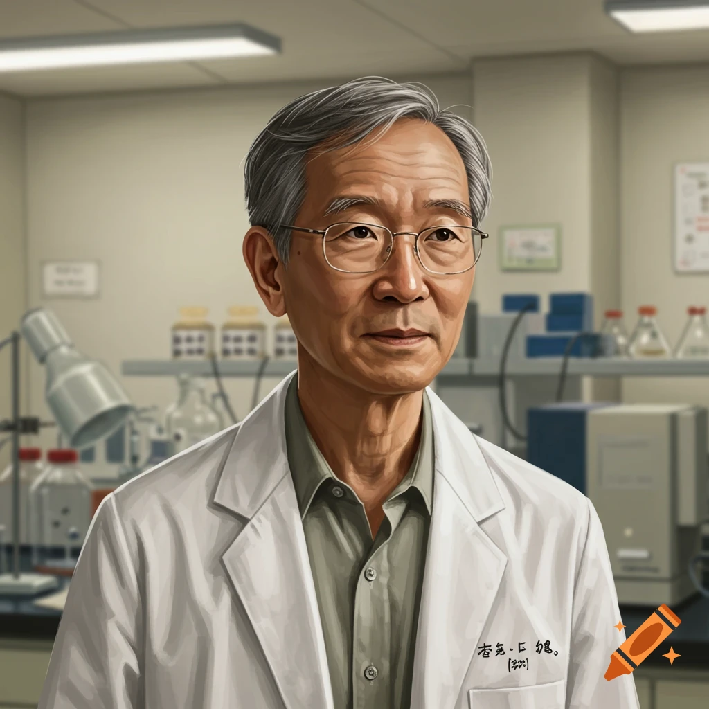 An older Asian man in a lab coat is in a science laboratory.