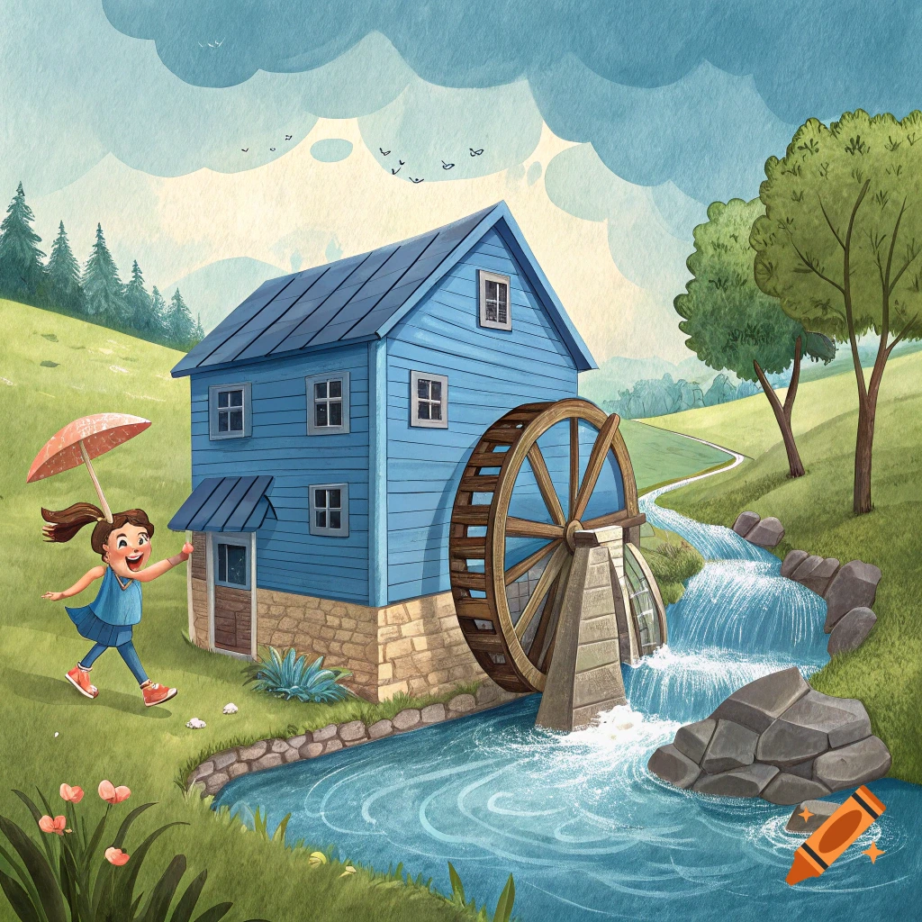Illustration of a happy girl with an umbrella standing by a blue water mill with a turning water wheel and stream in a sunny landscape.
