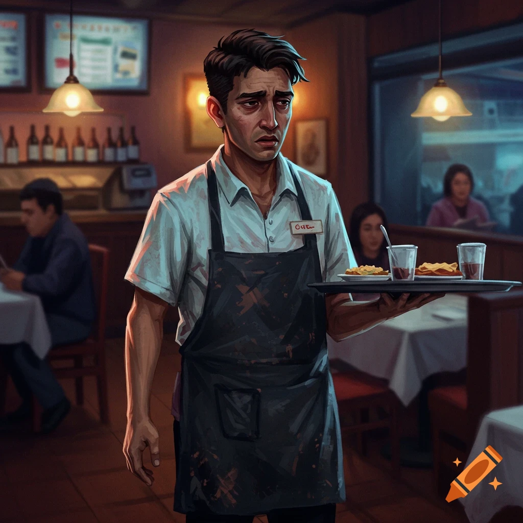 A stressed waiter carries a tray in a restaurant.