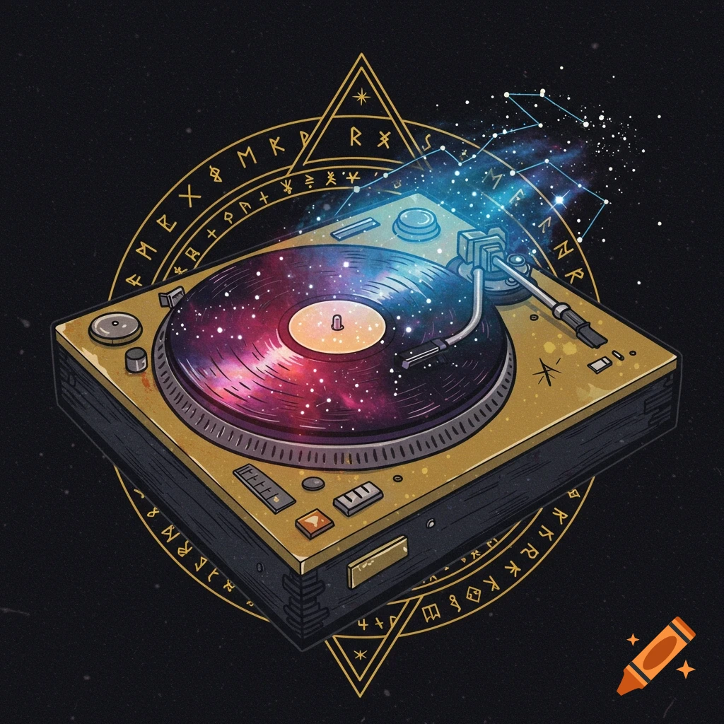 Illustration of a record player with a galaxy record, surrounded by gold mystical symbols and constellations on a black background.