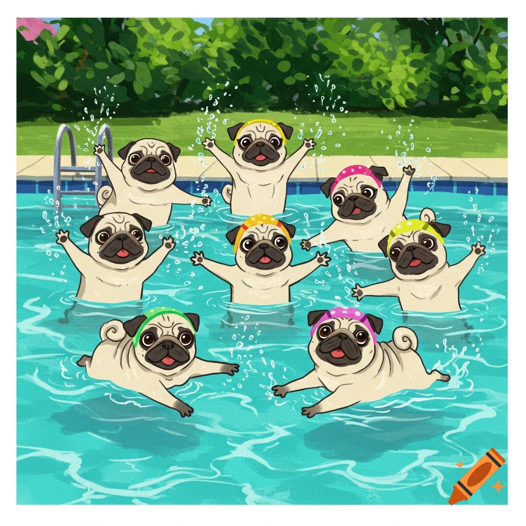 Multiple pugs wearing swim caps, doing synchronized swimming in a pool