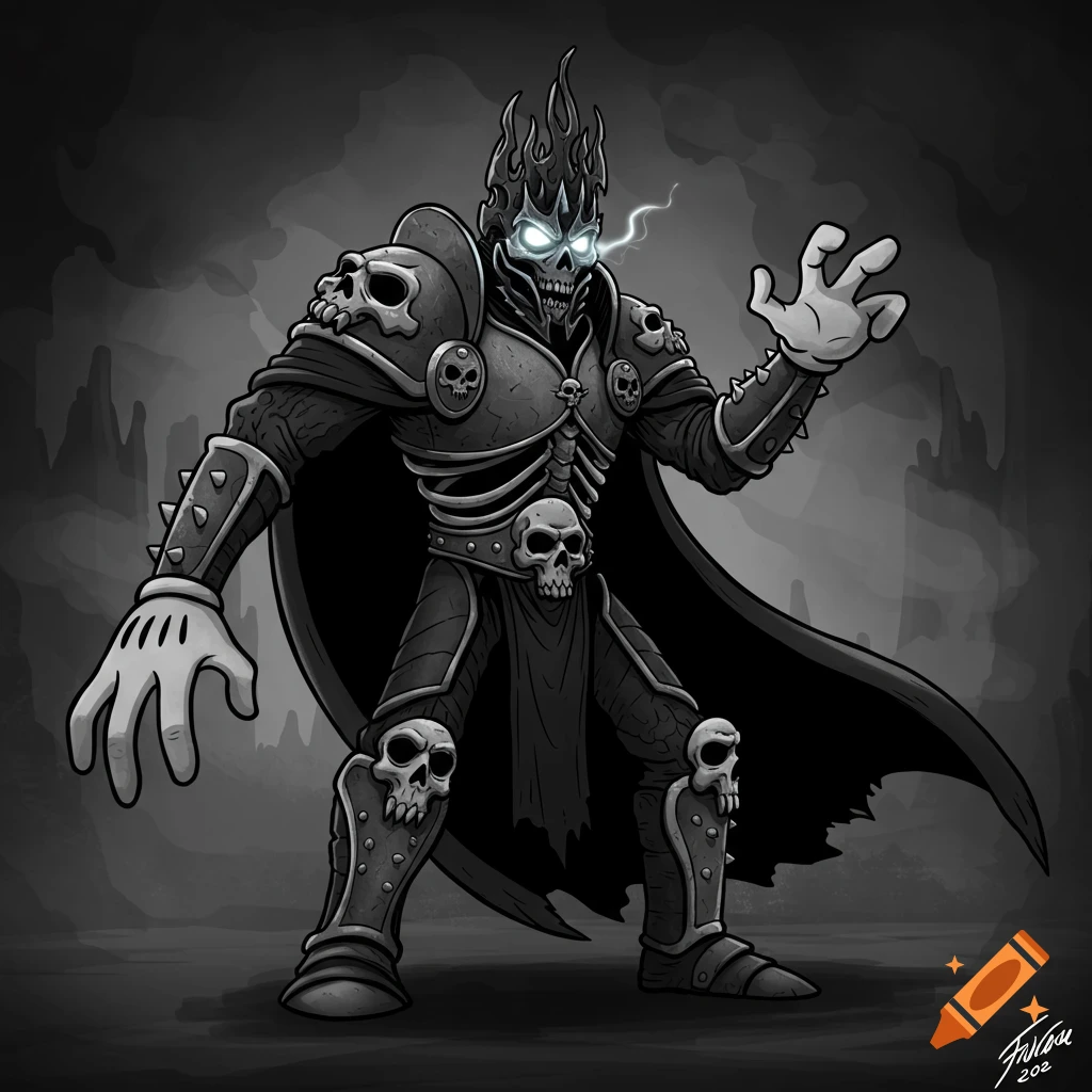A cartoon skeleton warrior in skull armor and white gloves stands in a dark fantasy setting.