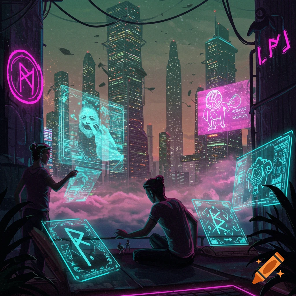 Two people interact with glowing holographic screens displaying symbols and images on a rooftop overlooking a futuristic city skyline at dusk, in a cyberpunk style.