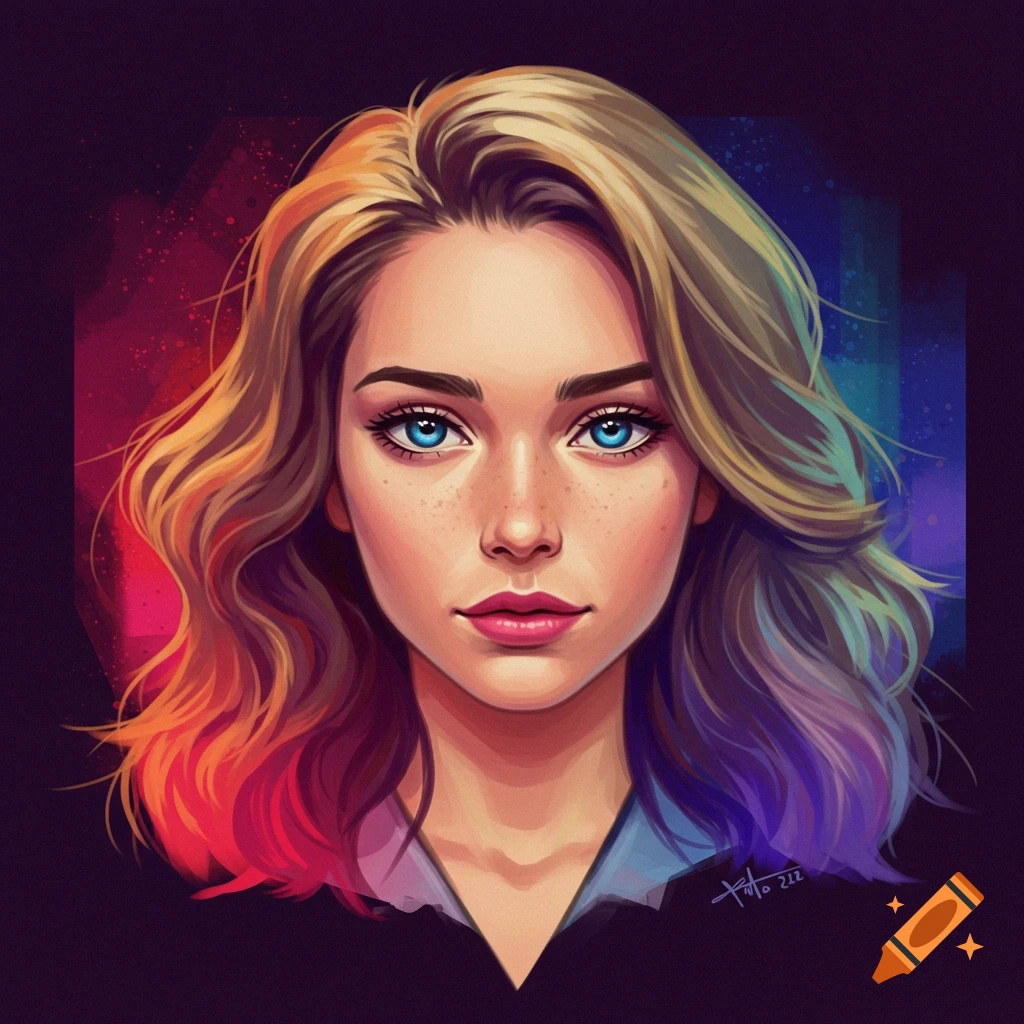 A stylized digital portrait of a woman with blue eyes and colorful, wavy hair, against a dark background with color splashes.