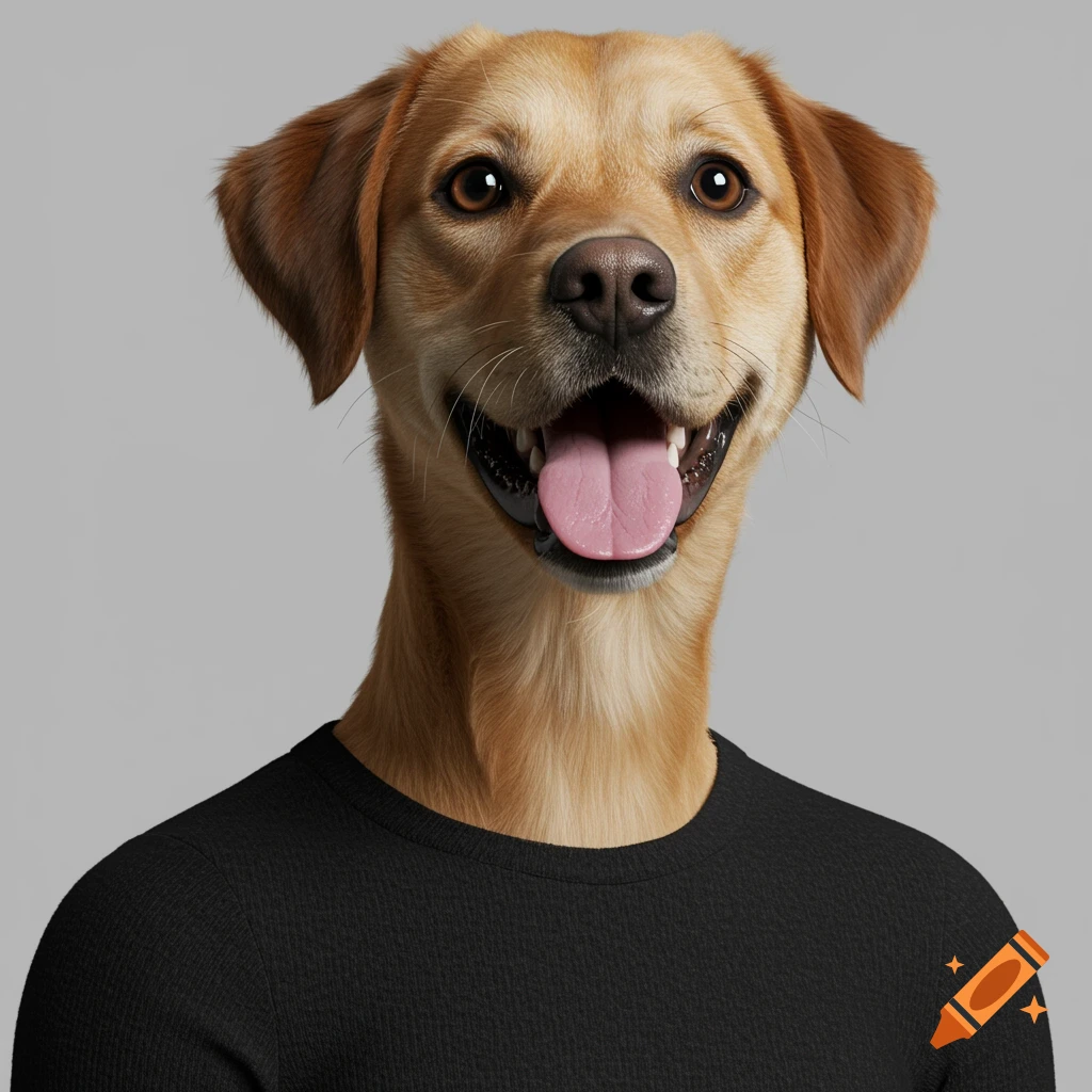 A dog's head on a human body wearing a black shirt against a grey background.