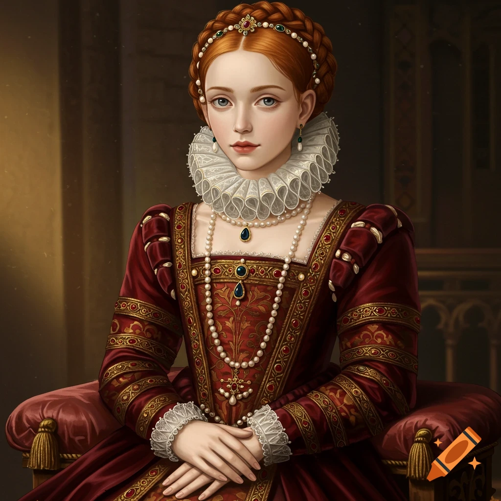 Digital portrait of a woman in a red Tudor dress and ruff collar, wearing pearls and jewelry.